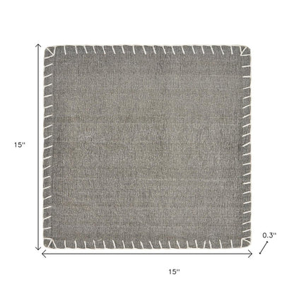 15" Set of Four Natural And Olive Green Embroidered Edge Cotton Square Placemats