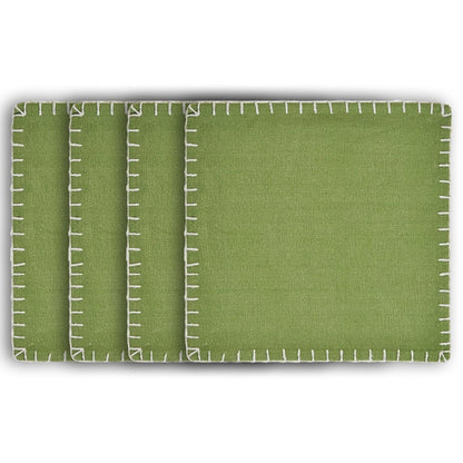 15" Set of Four Natural And Olive Green Embroidered Edge Cotton Square Placemats