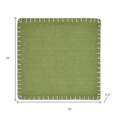 15" Set of Four Natural And Olive Green Embroidered Edge Cotton Square Placemats