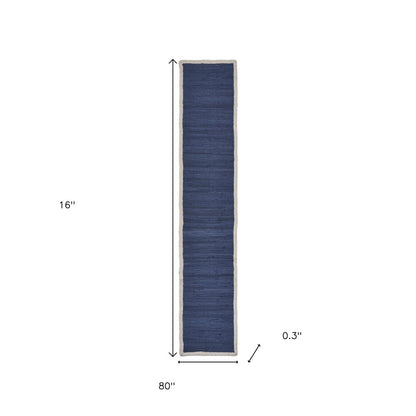 80" Navy Blue And Natural Solid With Border Cotton Table Runner