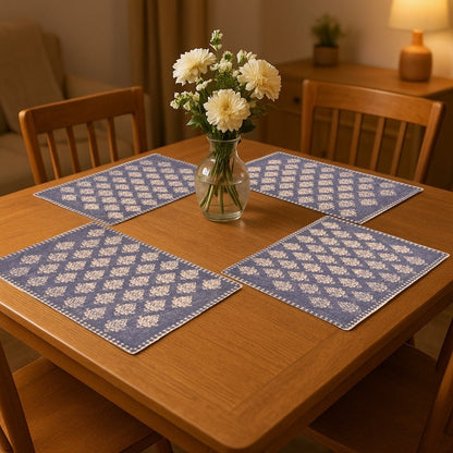 19" Set of Four Green And Cream Geometric Medallion Cotton Placemats