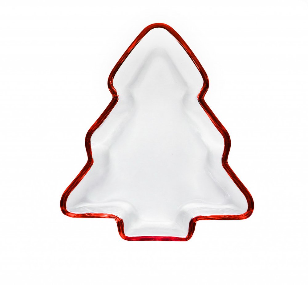 Bandeja para servir de Navidad de cristal rojo con forma de árbol de Navidad de 8"