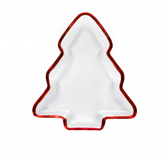 Bandeja para servir de Navidad de cristal rojo con forma de árbol de Navidad de 8"