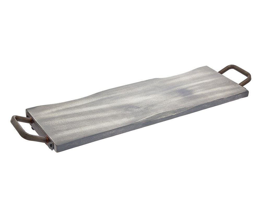 Bandeja para servir de madera y metal gris y negro de 27" con asas