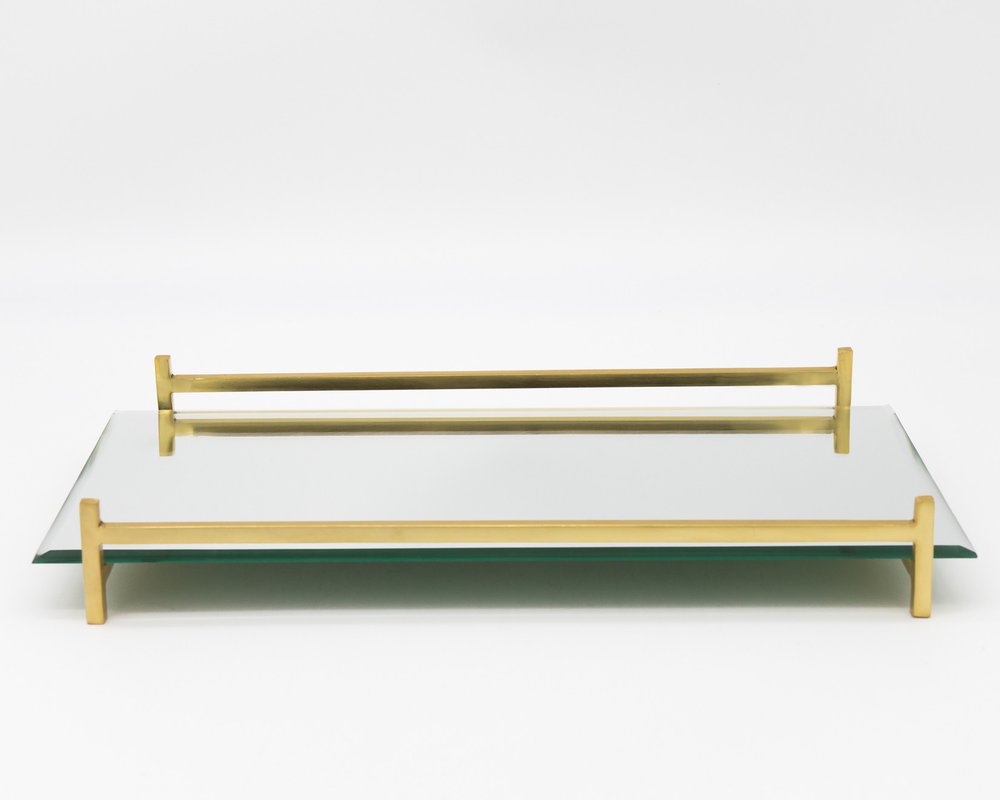 Espejo de 16" y bandeja rectangular de vidrio dorado para tocador