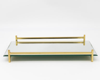 Espejo de 16" y bandeja rectangular de vidrio dorado para tocador