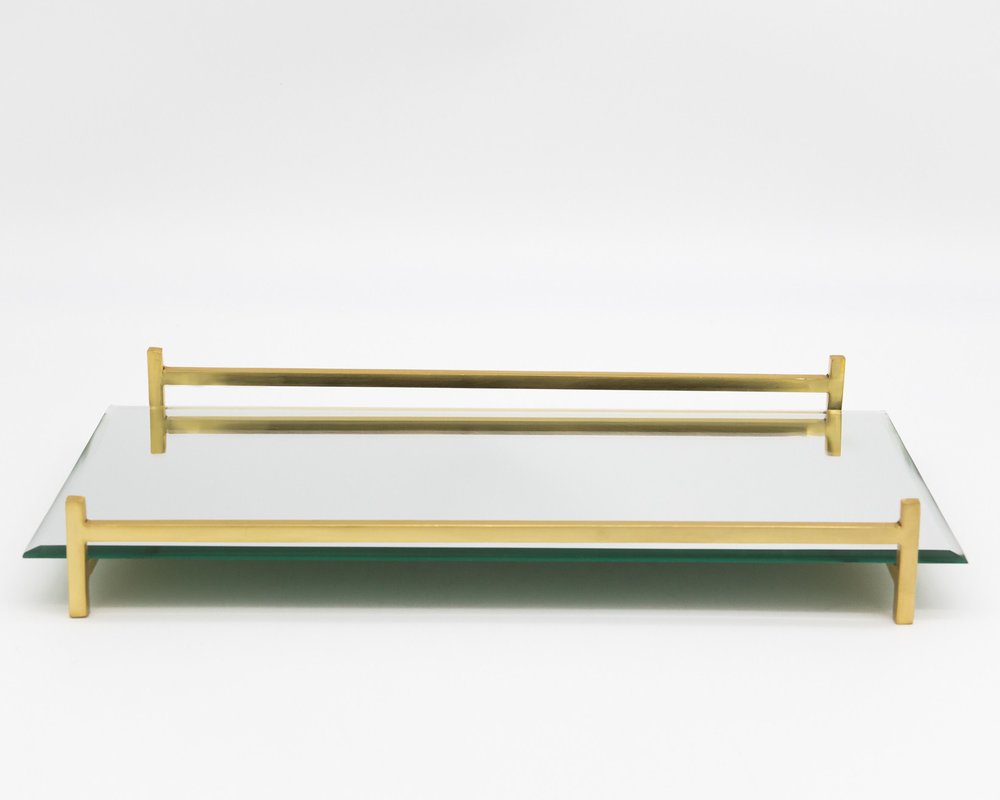Espejo de 16" y bandeja rectangular de vidrio dorado para tocador