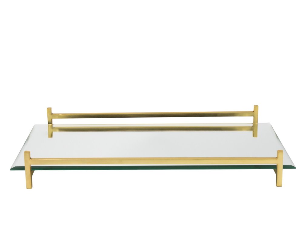 Espejo de 16" y bandeja rectangular de vidrio dorado para tocador