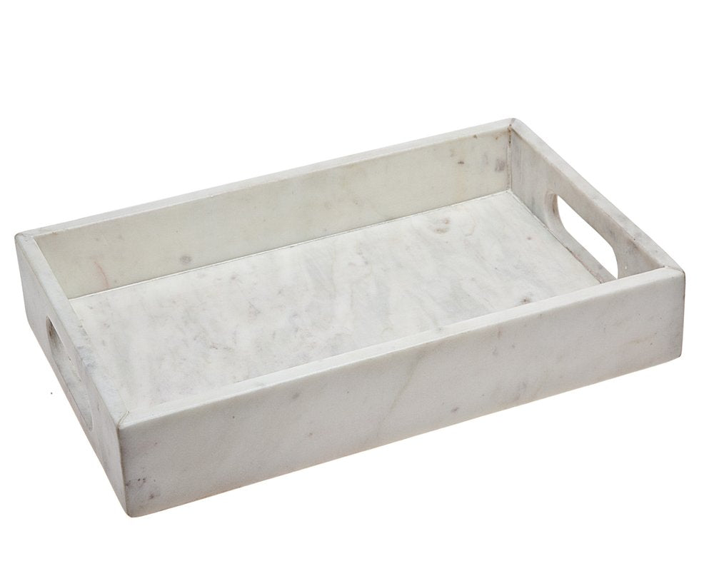 Bandeja rectangular de mármol blanco de 16" con asas