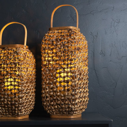 20" Natural Distressed Woven Glass And Wicker Floor Lantern Candle Holder