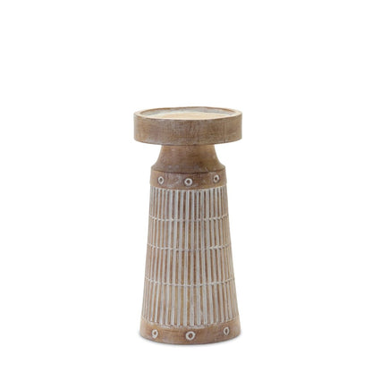 Set of Three Natural And White Distressed Geometric Polyresin Tabletop Pillar Candle Holders