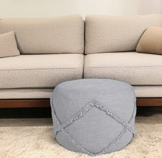 18" Blue Cotton Cylinder Geometric Pouf Ottoman