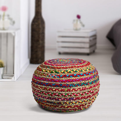 20" Gray Cotton Blend Round Striped Pouf Ottoman