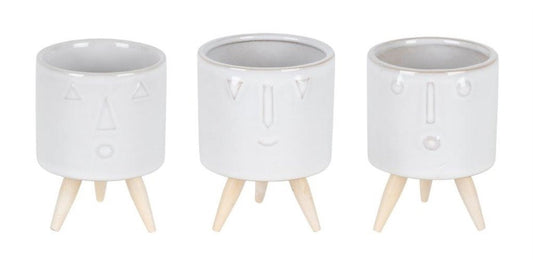 Set of Three White Porcelain 1 Ounce Round Funny Face Pot Planters With Stands