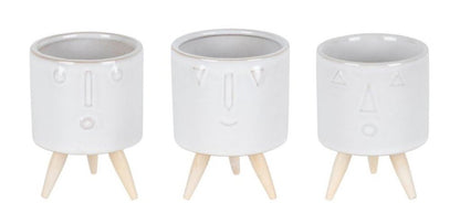 Set of Three White Porcelain 1 Ounce Round Funny Face Pot Planters With Stands