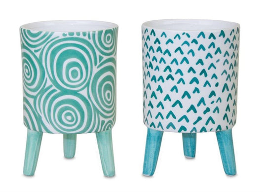 Set of Two Aqua Teal And White Ceramic 2 Ounce Round Raised Pot Planters