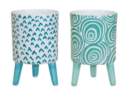 Set of Two Aqua Teal And White Ceramic 2 Ounce Round Raised Pot Planters