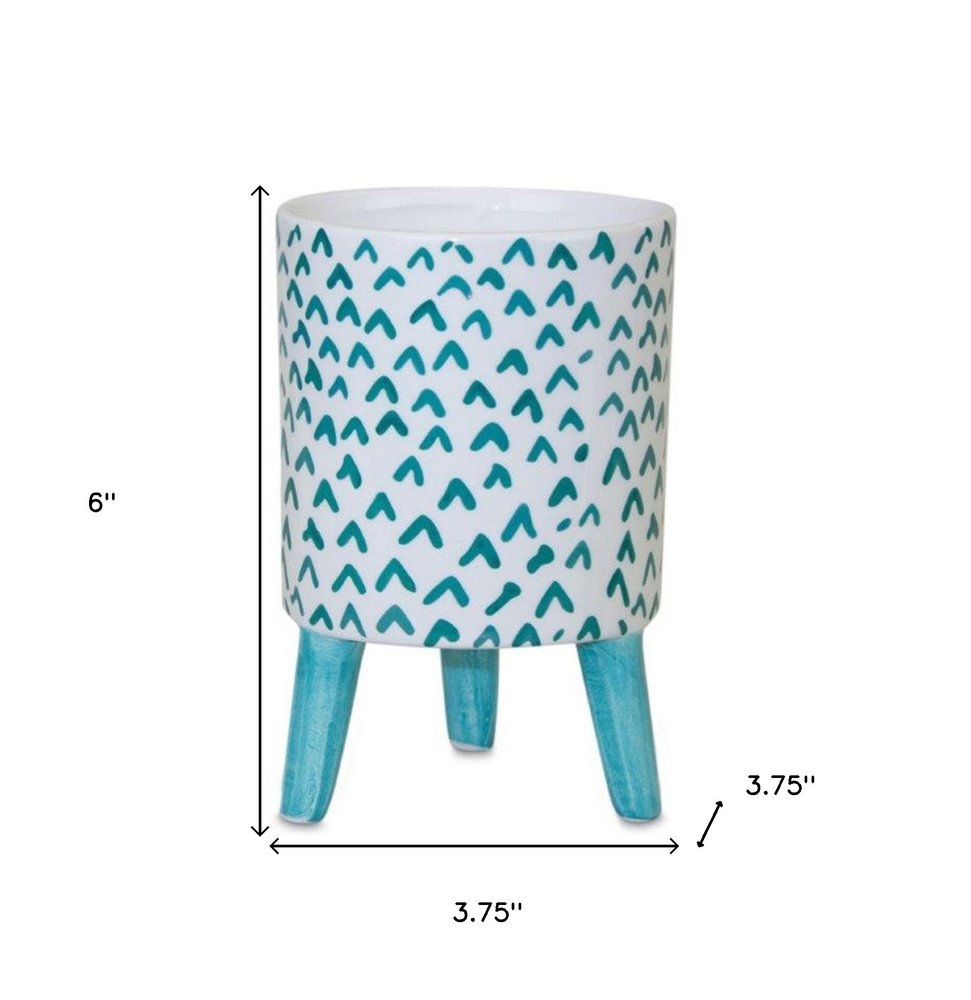 Set of Two Aqua Teal And White Ceramic 2 Ounce Round Raised Pot Planters