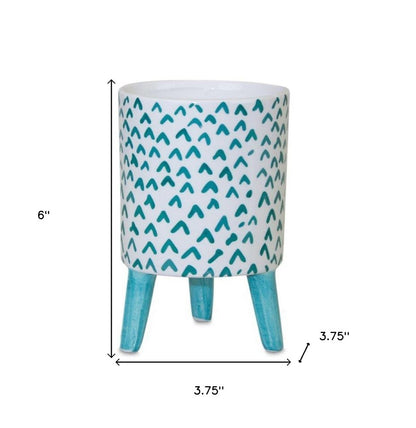 Set of Two Aqua Teal And White Ceramic 2 Ounce Round Raised Pot Planters