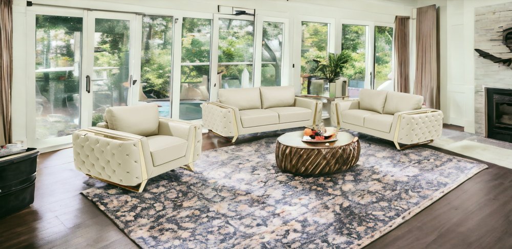 Conjunto de asientos para seis personas en cuero italiano beige de tres piezas para interiores