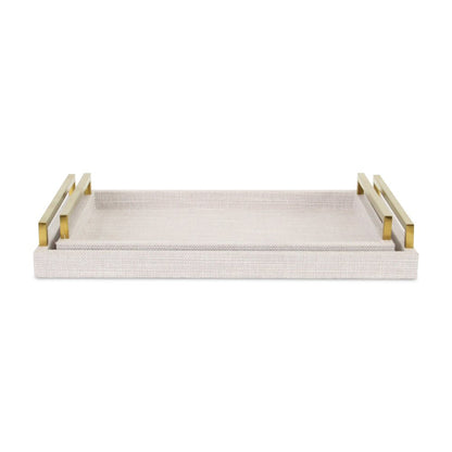 Set of Two Off White Wood and Fabric Nested Serving Trays With Gold Handles