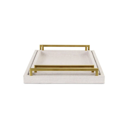 Set of Two Off White Wood and Fabric Nested Serving Trays With Gold Handles