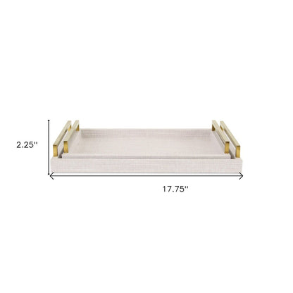Set of Two Off White Wood and Fabric Nested Serving Trays With Gold Handles