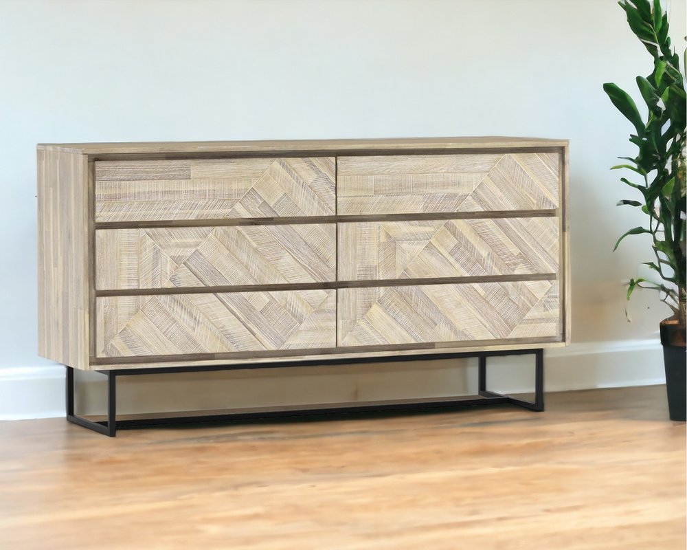 Cómoda doble de seis cajones de madera maciza natural de 61"
