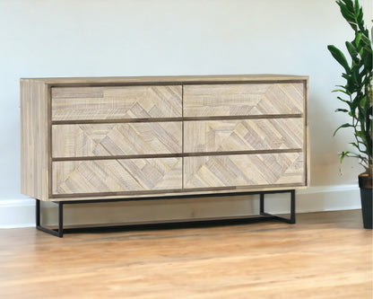 Cómoda doble de seis cajones de madera maciza natural de 61"
