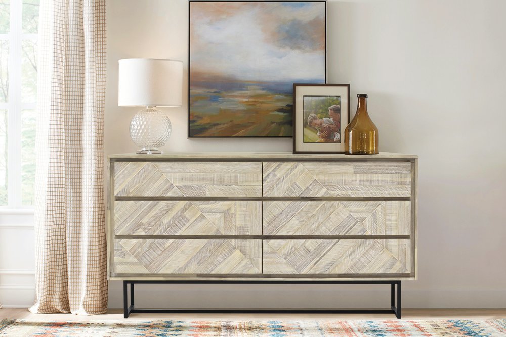 Cómoda doble de seis cajones de madera maciza natural de 61"