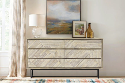 Cómoda doble de seis cajones de madera maciza natural de 61"