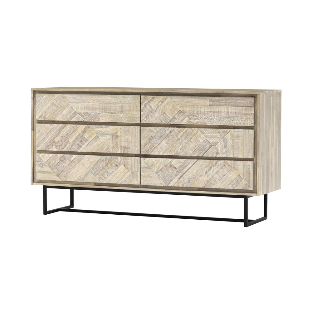 Cómoda doble de seis cajones de madera maciza natural de 61"