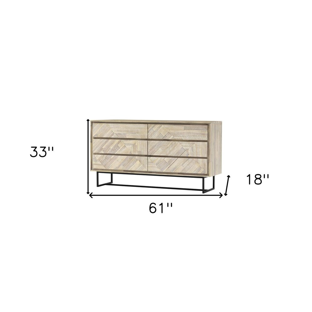 Cómoda doble de seis cajones de madera maciza natural de 61"