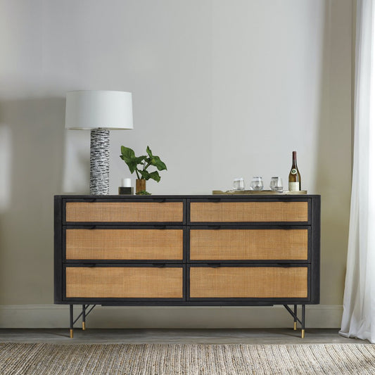 Cómoda doble de seis cajones de madera maciza natural y negra de 61"