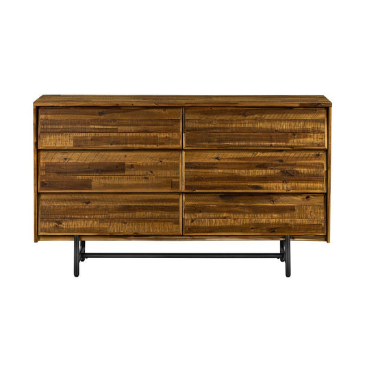 Cómoda doble de seis cajones de madera maciza marrón y negra de 57"