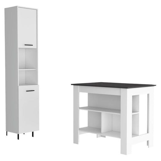 Juego de isla de cocina de madera marrón oscuro y blanca de 41" con almacenamiento