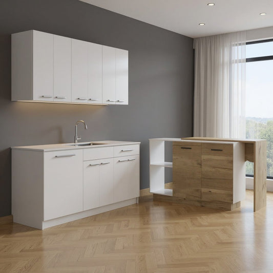 Juego de isla de cocina de madera blanca y marrón natural de 59" con almacenamiento