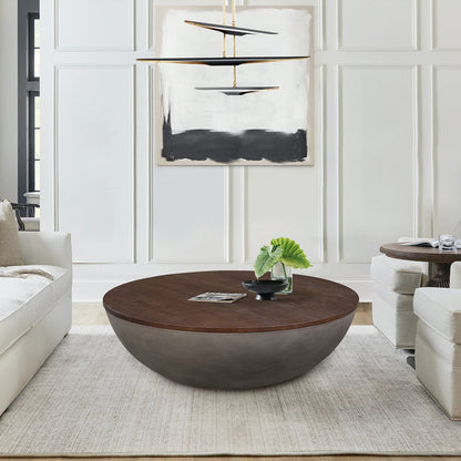 48" Brown And Gray Solid Wood And Concrete Round Coffee Table