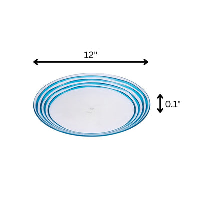 Juego de cuatro platos de cena de acrílico transparente y azul con diseño de remolino.