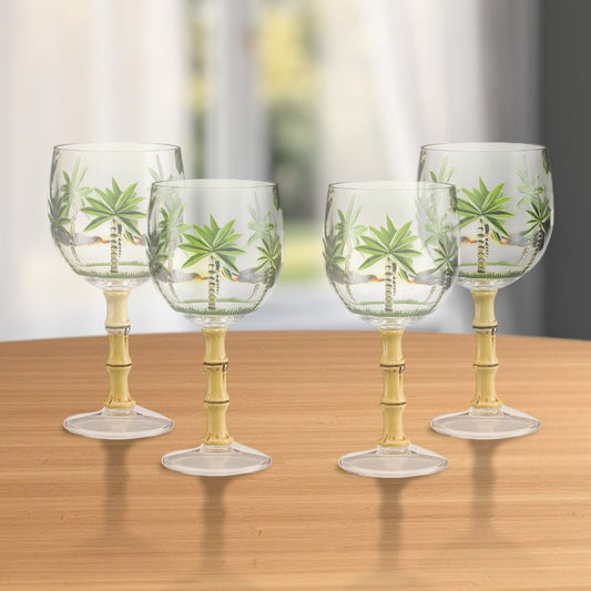 Juego de cuatro copas de vino multiusos con tallo acrílico de palmera transparente y verde