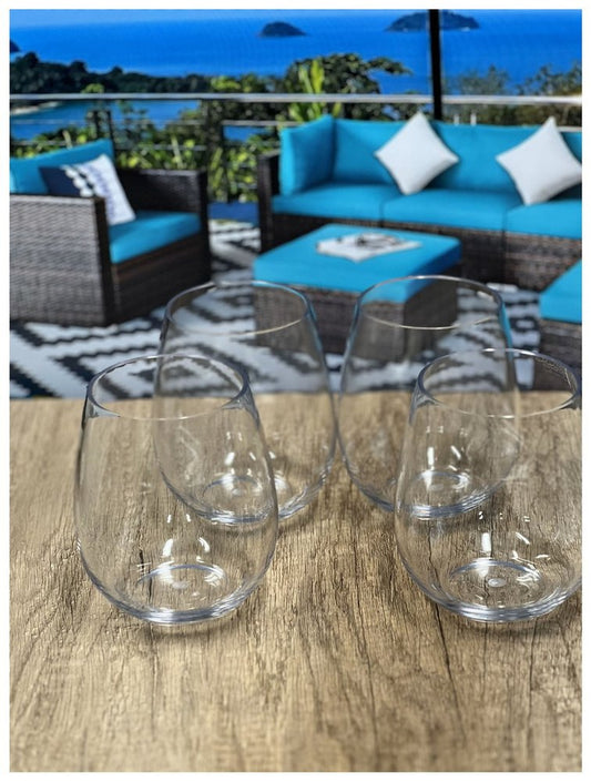 Juego de cuatro copas de vino multiusos sin tallo de plástico Tritan transparente con forma de globo o cuenco redondo