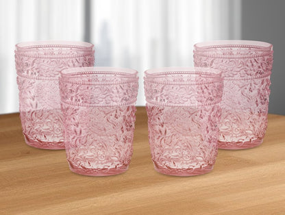 Juego de cuatro vasos de whisky sin tallo de acrílico con estampado paisley rosa