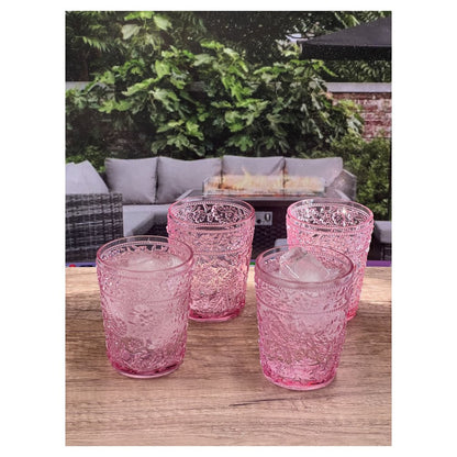 Juego de cuatro vasos de whisky sin tallo de acrílico con estampado paisley rosa