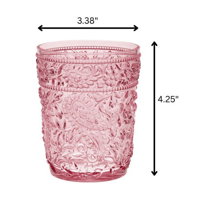 Juego de cuatro vasos de whisky sin tallo de acrílico con estampado paisley rosa