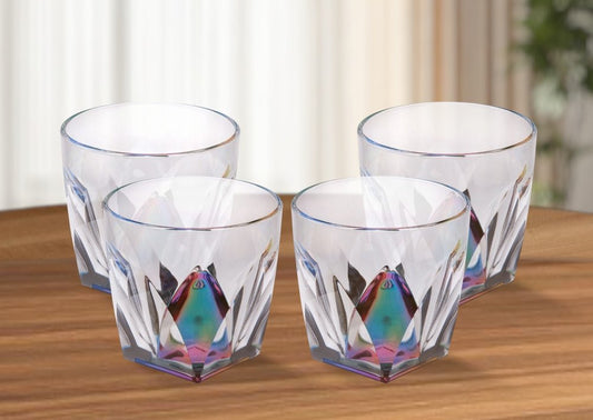Juego de cuatro vasos de whisky acrílicos sin tallo con diseño geométrico de arcoíris