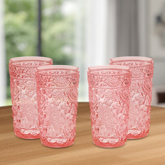 Juego de cuatro vasos altos sin tallo de acrílico con estampado paisley rosa