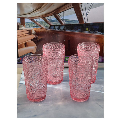 Juego de cuatro vasos altos sin tallo de acrílico con estampado paisley rosa