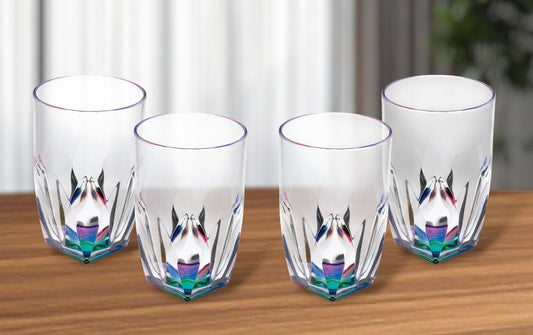 Juego de cuatro vasos altos de acrílico geométricos transparentes y arcoíris