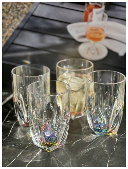 Juego de cuatro vasos altos de acrílico geométricos transparentes y arcoíris