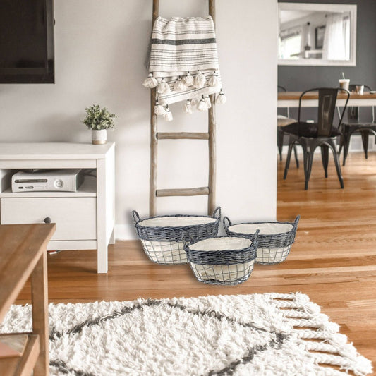 Set of Three Gray And Beige Iron And Wicker Baskets